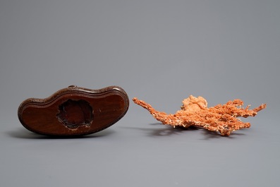 A Chinese carved red coral 'blossom tree' group on inlaid wooden stand, 19/20th C.